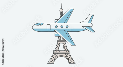 Illustration Airplane flying over a famous tower, a symbol of travel and exploration