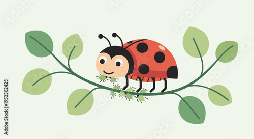 A friendly ladybug sits on a green branch with leaves and eats aphids