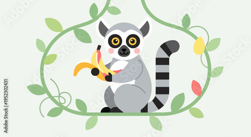 A cartoon lemur, holding a banana, sits inside a vine frame with leaves and a light background