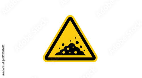 A yellow triangular warning sign with a black border, showing a hazard with falling rocks