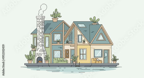 Illustration of a stylized house with two interconnected sections, chimney, and plants