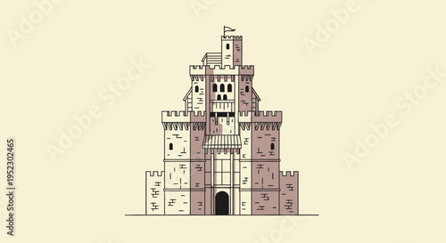 A vector illustration of a castle with multiple towers and flags against a beige backdrop