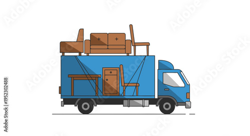 Illustration of a blue moving truck transporting furniture; table, chairs, and sofa