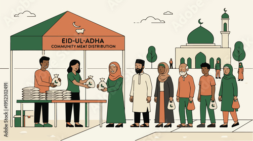 Muslim community sharing sacrificial meat during Eid ul Adha festival.