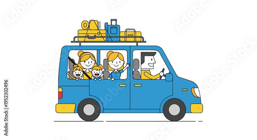 A family in a blue van, packed with luggage on top, heading on a road trip