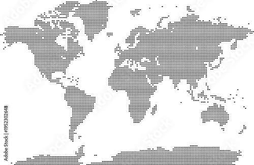 Принти на полотні A minimalist black and white world map composed of small square pixels on a clea