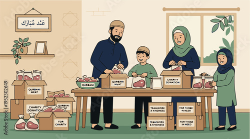 Muslim family packing sacrificial meat for charity donation at home.