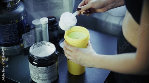 Athlete Pouring Protein Powder Into Shaker.  Whey Drink For Muscle Recovery