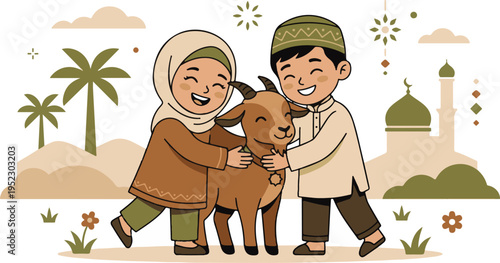 Happy Muslim Children Celebrating Eid Al Adha With Sacrificial Goat