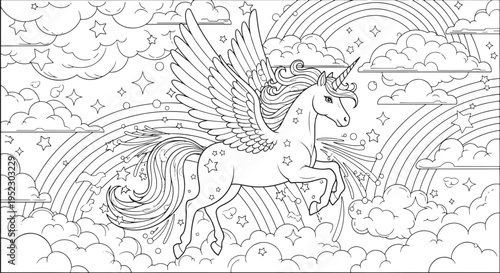Majestic pegasus unicorn flying through rainbow sky coloring page with sparkling stars fluffy clouds and magical celestial dream background