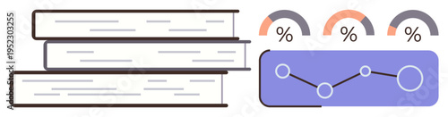 Education, data analysis, learning resources, statistics, research, progress tracking. Stack of books next to a graph with data points and percentages. Education and data analysis concept
