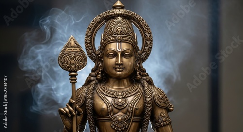 Skanda Shashti, A modern bronze statue of Lord Murugan in a standing pose holding a Vel, intricate carving details on the crown and ornaments