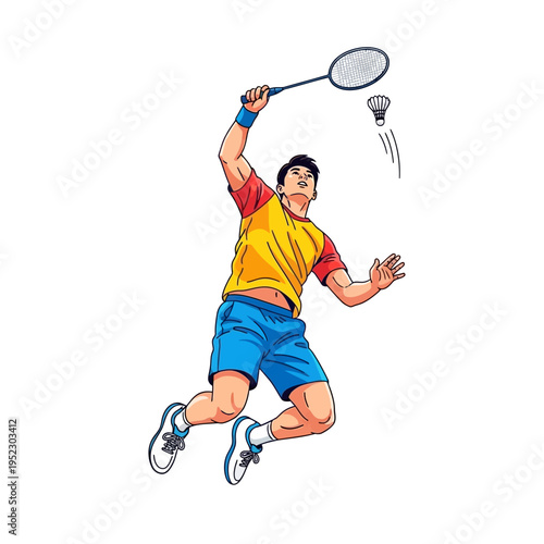 Young man playing badminton, jumping to hit shuttlecock, dynamic action shot