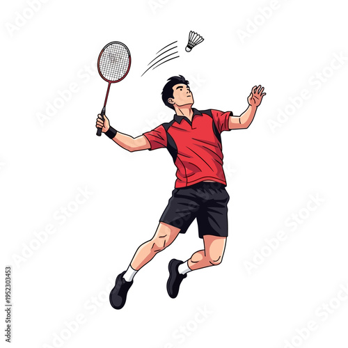Young man playing badminton, jumping to hit shuttlecock with racket, sports action illustration