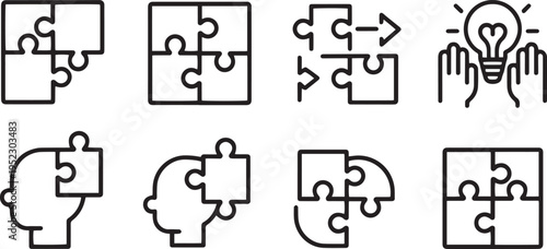 Puzzle icon set. Problem solving, teamwork & collaboration symbol. Jigsaw business concept vector illustration