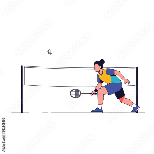 Young Woman Playing Badminton with Shuttlecock and Racquet on Court
