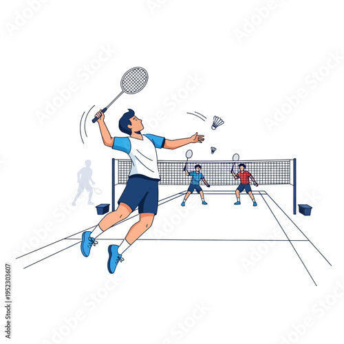 Badminton game illustration: player jumping to hit shuttlecock over net with opponents