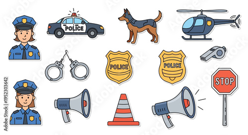 Cartoon illustration of police elements officers vehicles and equipment