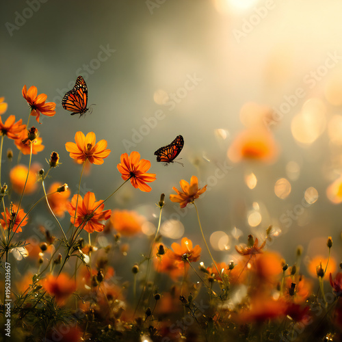 Orange color Flowers and butterflies sunrise orange bokeh background