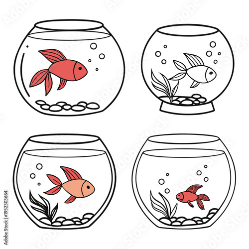 Goldfish in glass bowls illustration set with plants and stones