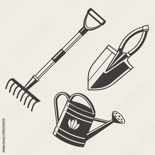 Vintage style gardening tools illustration with rake trowel and can