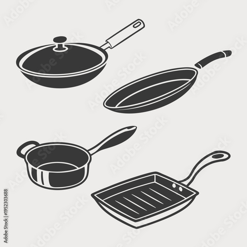 Kitchen cookware set frying pans skillet and grill pan icons