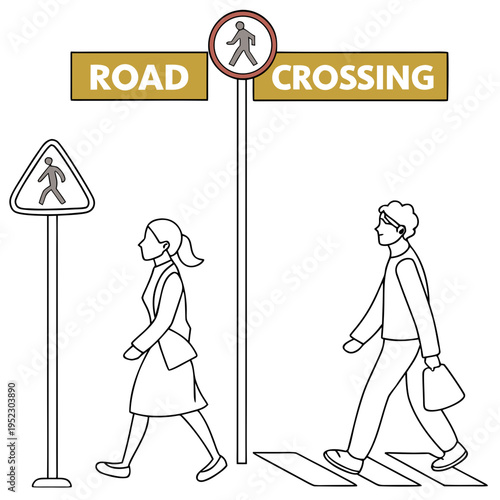 Pedestrians crossing road with traffic signs illustration
