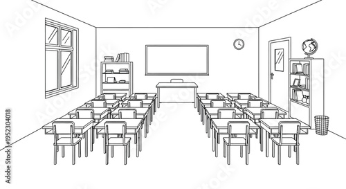 A simple line drawing depicts an empty classroom with desks and a whiteboard