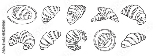croissant doodle hand drawn icon set. Outline drawing croissant french breakfast line clipart symbol collection