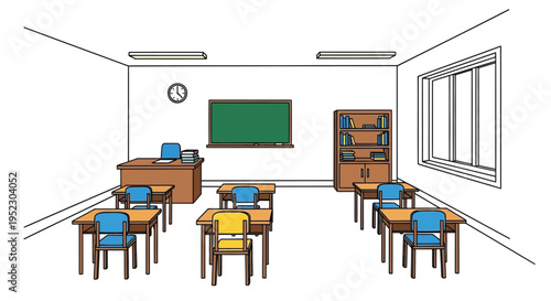 A simple classroom illustration with desks chairs and a chalkboard