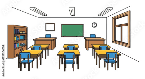 A brightly colored illustration of a simple classroom with desks and a chalkboard
