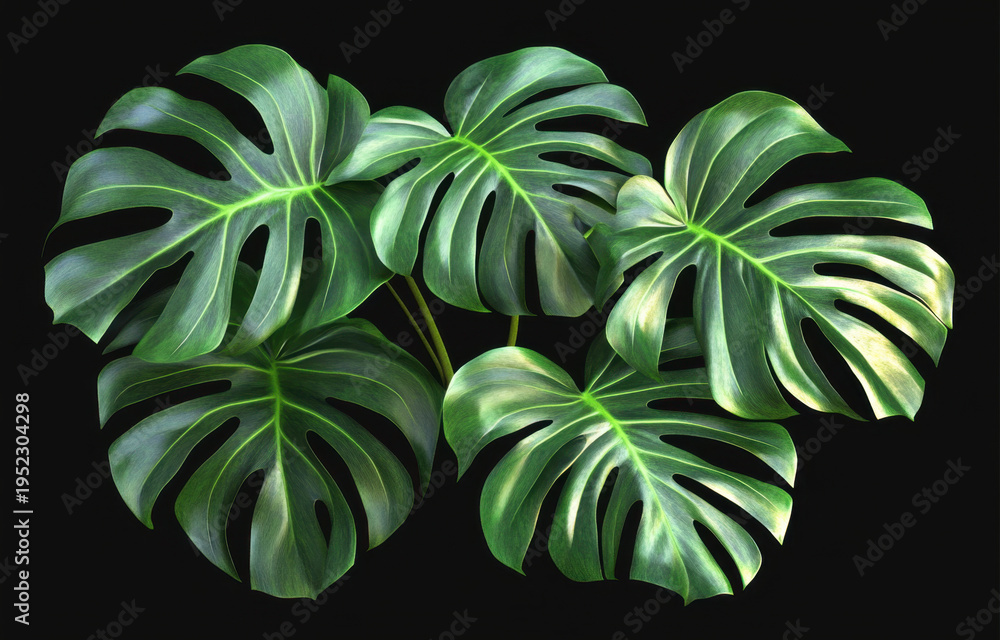 Fototapeta premium Lush green leaves of tropical plant display intricate patterns and vibrant colors, creating striking visual against dark background. large, glossy foliage evokes sense of tranquility and natural