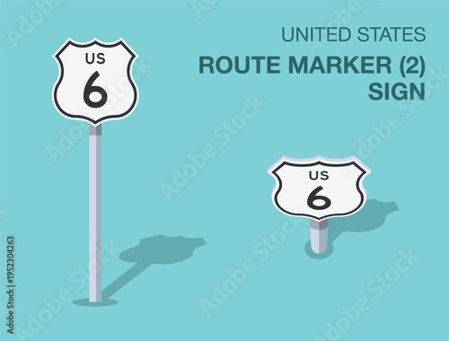 Traffic regulation rules. Isolated United States "route marker (2)" road sign. Front and top view. Flat vector illustration template.