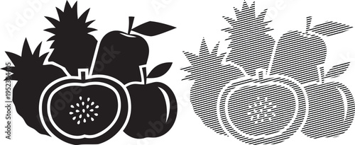 Black and white cross-stitch pattern featuring assorted fruits in a basket design