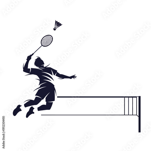Badminton Player Silhouette Jumping Smash Shuttlecock Net Sport Action