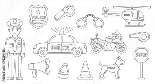 A collection of black and white police related objects and a uniformed officer