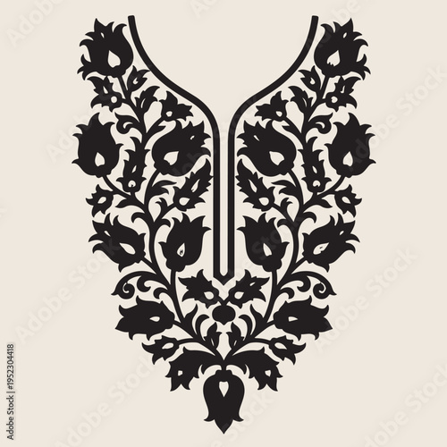 floral neckline embroidery design, traditional indian pattern, decorative textile vector, ethnic clothing ornament, vintage floral embroidery, kurta neck design, cultural fabric pattern