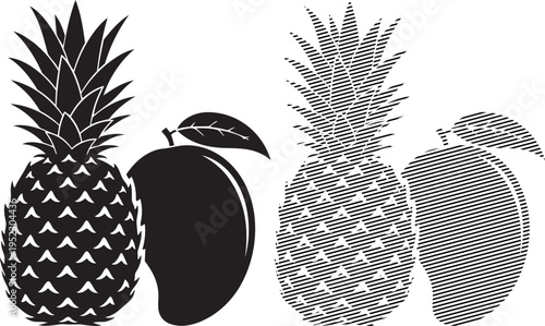 Black and white illustration of four stylized tropical fruits with textured patterns