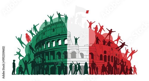Colosseum Silhouette Italian Flag People.