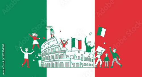 Italian Flag with People Celebrating Freedom.