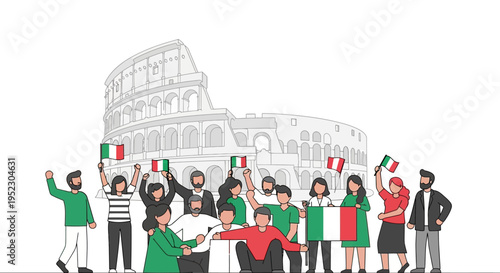 Diverse group of people holding flags.