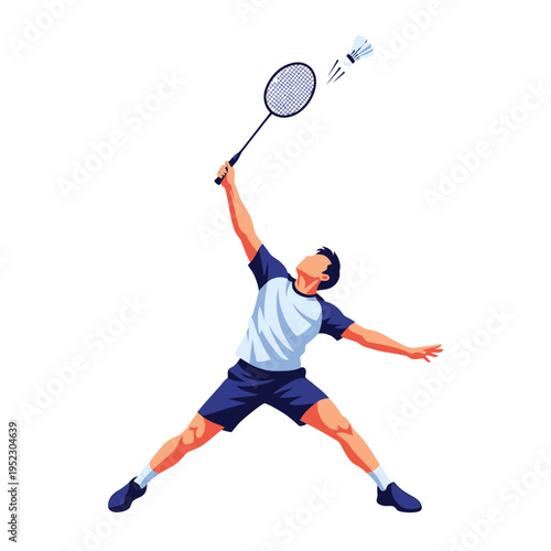 Badminton player smashing shuttlecock in mid-air, dynamic action shot, sport illustration