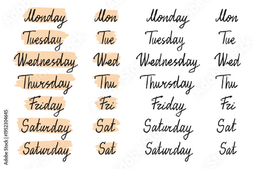 doodle hand drawn lettering days of week. Sunday, Monday, Tuesday, Wednesday, Thursday, Friday and Saturday. Text borders. Stickers for planner, journal. vintage italic handwritten days week clipart.