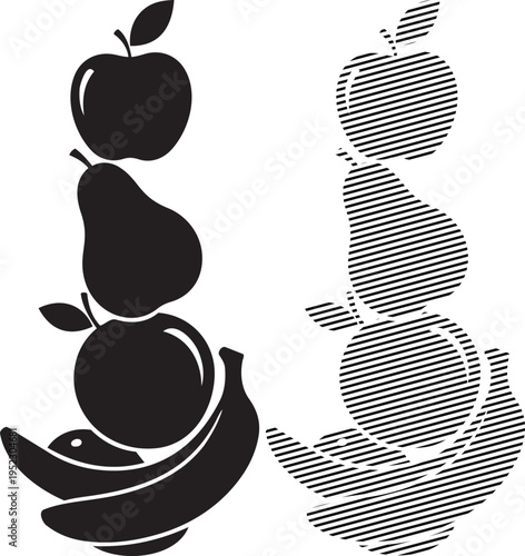 Stacked fruits illustration with a crosshatch pattern apple and pear design