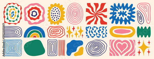 modern abstract retro vintage shapes set. Colorful hand drawn collection geometric organic elements doodle collection. 60s 70s design aesthetics