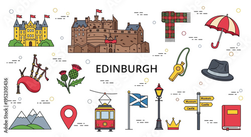 A vibrant illustration of Edinburgh city icons and landmarks on display