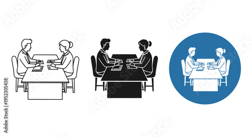 People sitting at tables in different settings and colors discussing work