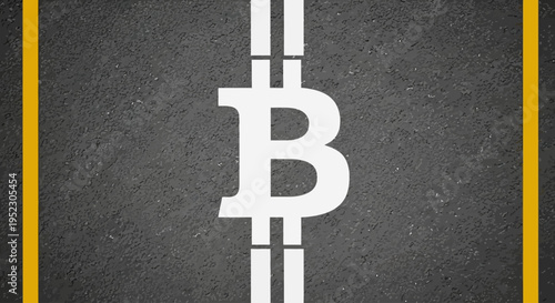 A large white Bitcoin symbol stands on a dark grey asphalt road with yellow lines.