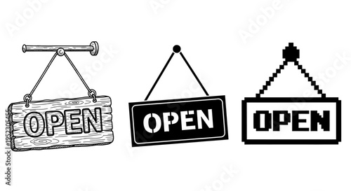 Three different open hanging signs are shown on a white background