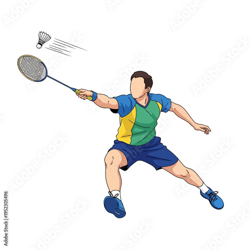 Man playing badminton, hitting shuttlecock with racket, dynamic sports action illustration